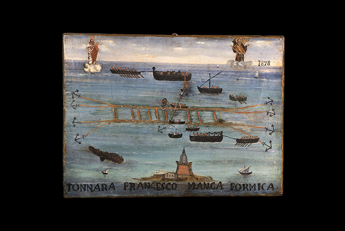 Incidente durante la pesca del tonno. Ex voto dipinto su tavola, Trapani, 1878.