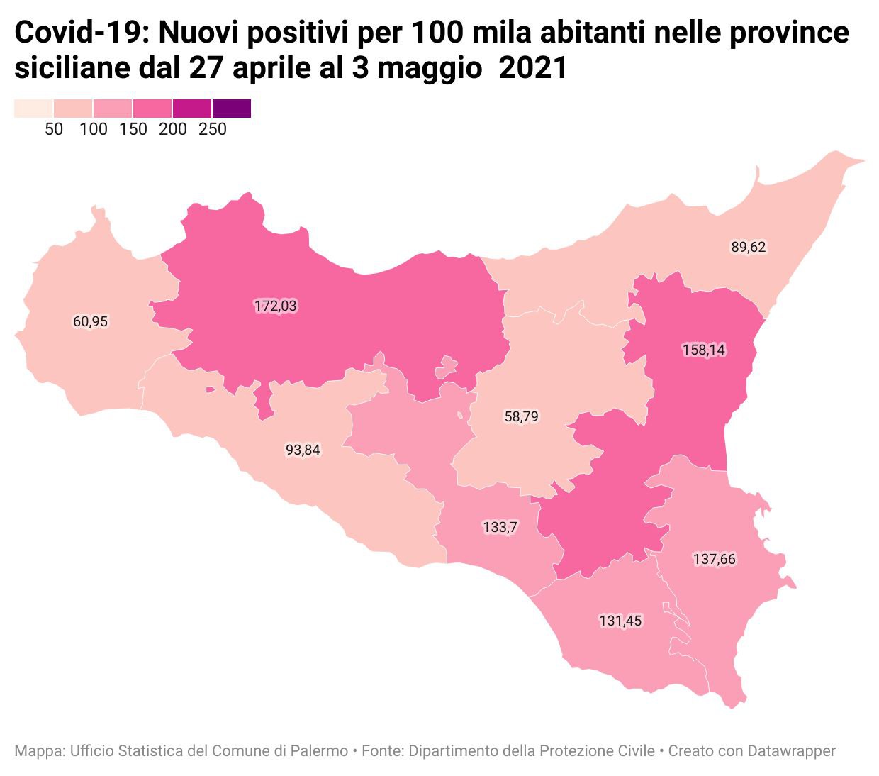 Nuovi positivi per 100 mila abitanti nelle province siciliane dal 27 aprile al 3 maggio 2021