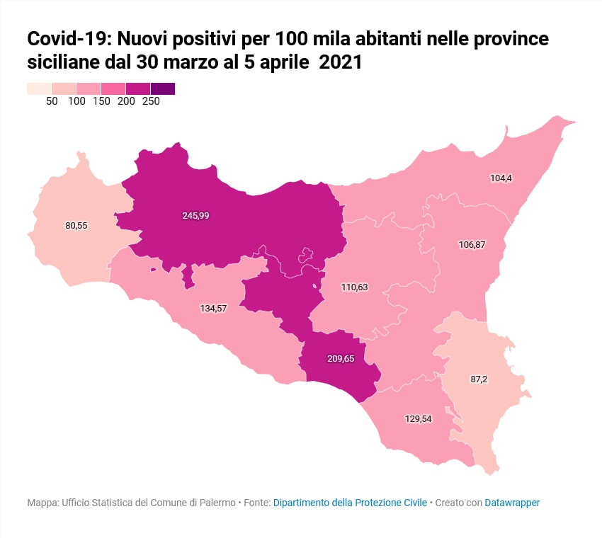 Nuovi positivi per 100 mila abitanti nelle provincie siciliane dal 30 marzo al 5 aprile 2021