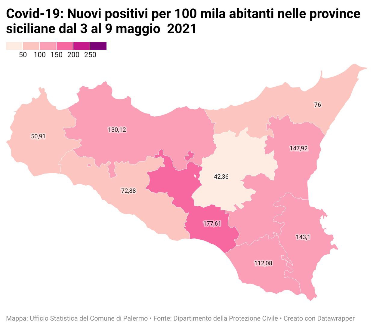Nuovi positivi per 100 mila abitanti nelle province siciliane dal 3 al 9 maggio 2021