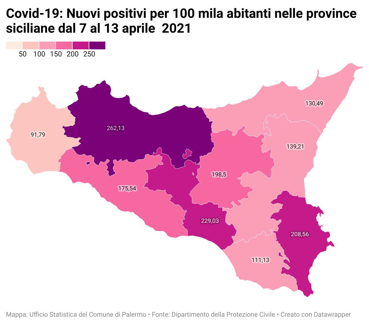 Nuovi positivi per 100 mila abitanti nelle province siciliane dal 7 al 13 aprile 2021