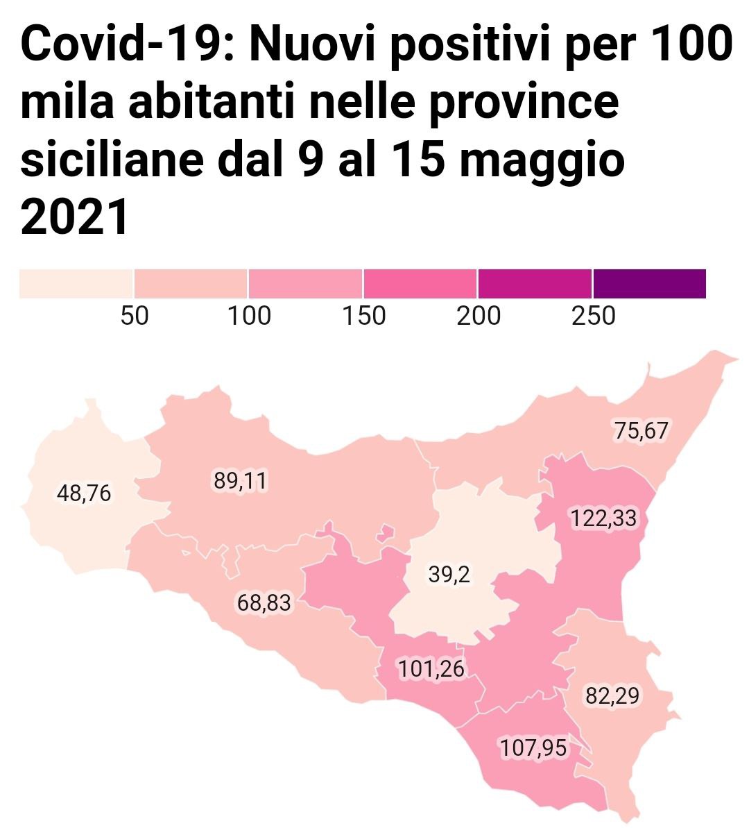 Nuovi positivi per 100 mila abitanti nelle province siciliane dal 9 al 15 maggio 2021