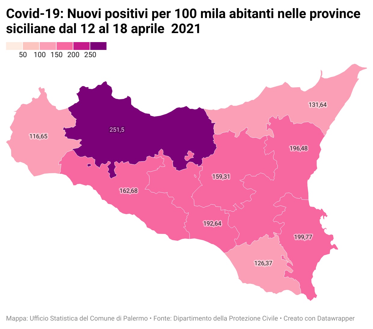 Nuovi positivi per 100 mila abitanti nelle province siciliane dal 12 al 18 aprile 2021