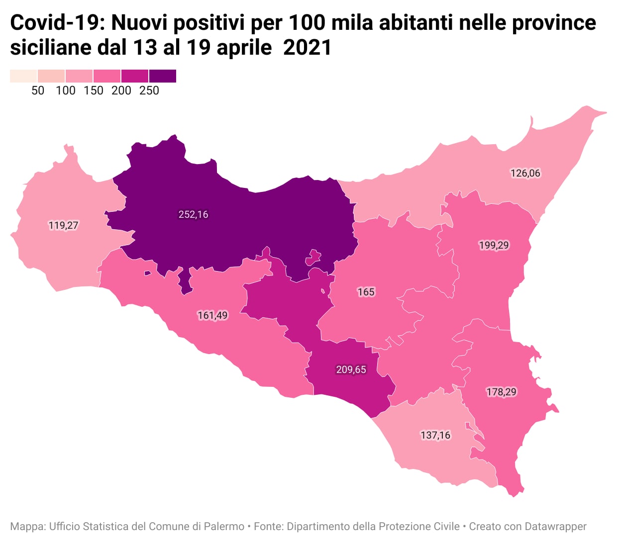 Covid19 - Nuovi positivi per 100 mila abitanti nelle province siciliane dal 13 al 19 aprile 2021