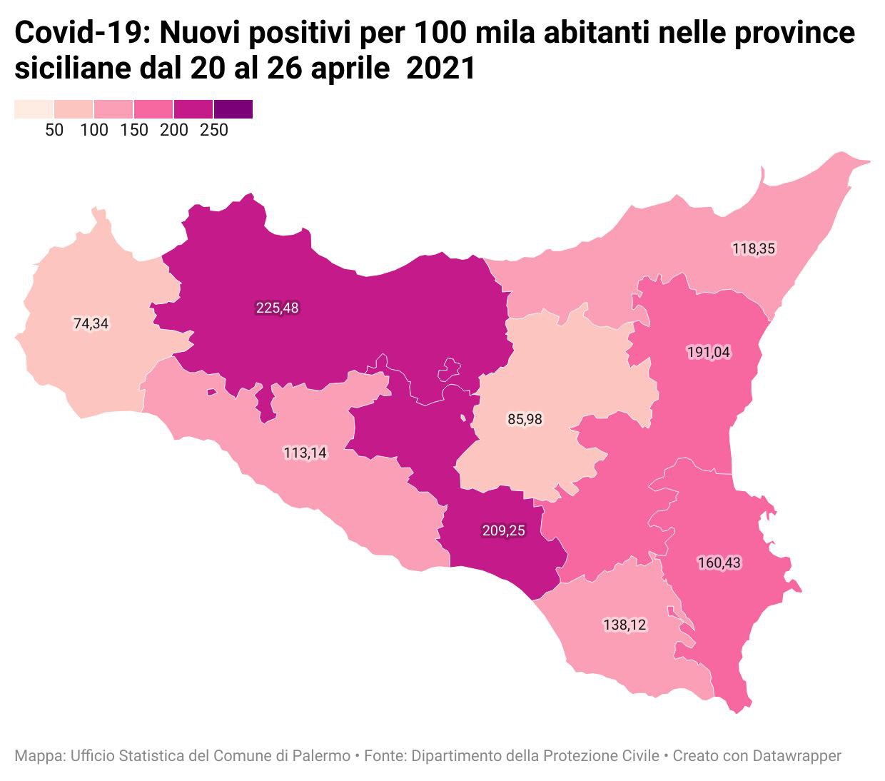 Nuovi positivi per 100 mila abitanti nelle province siciliane dal 20 al 26 aprile 2021