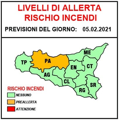 La Protezione civile regionale ha rilasciato un bollettino di RISCHIO INCENDI per la provincia di Palermo per la giornata di domani 5 febbraio, con rischio medio. 